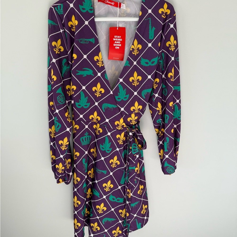 Shinesty Purple Wrap Dress with Gold and Green Accents